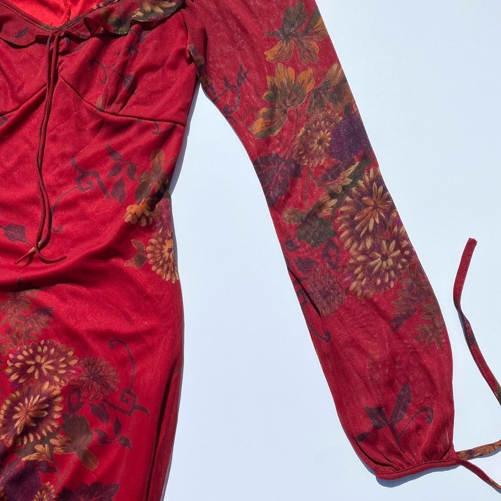 Vintage 90s Red Floral Off Shoulder Dress Women's Small Wedding Spring Summer - Picture 6 of 8